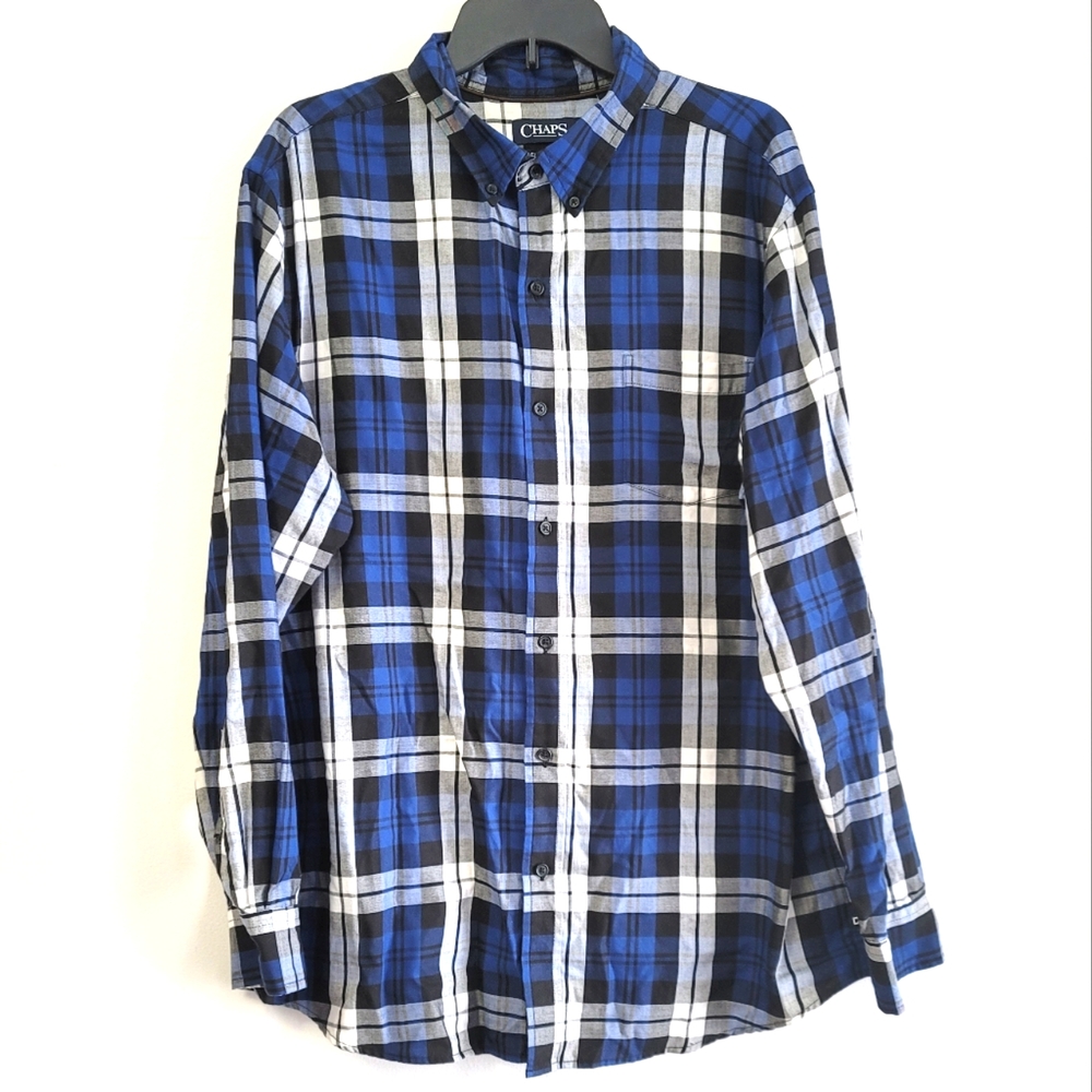 Chaps Blue Plaid Twill Long Sleeve Button-down Shirt Size XL